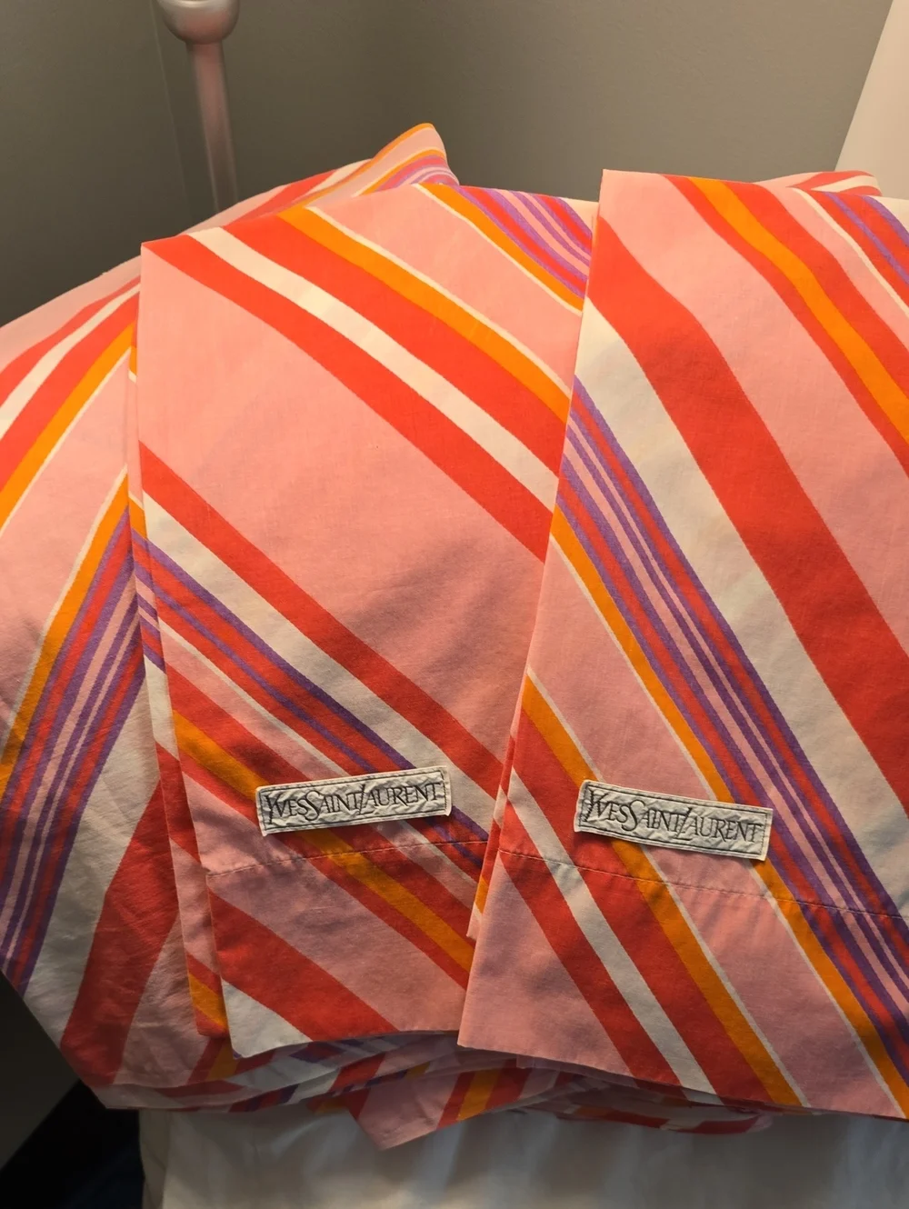 Vintage 1978Yves Saint Laurent Pink, Orange & Red Striped Sheets And Pillowcases